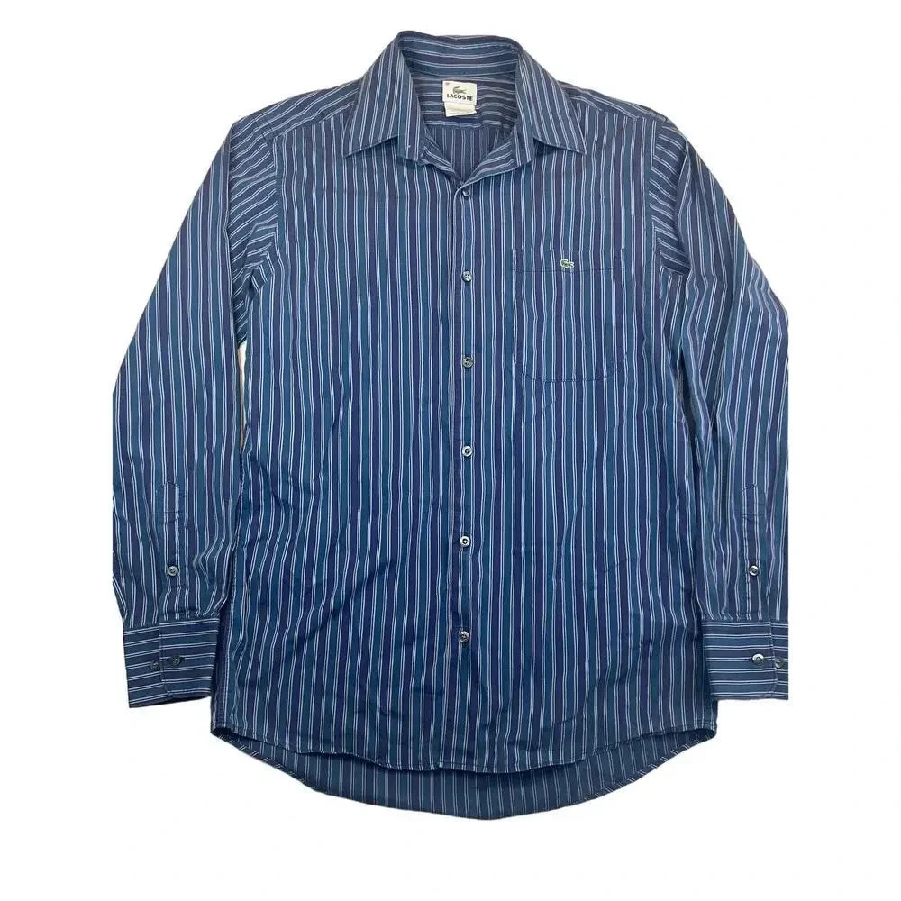 Lacoste mens button down blue striped long sleeve shirt size 38